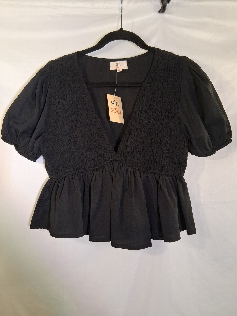 Girl Soul Black Ladies Peplum Top With Puff Sleeves Light Weight Size Medium